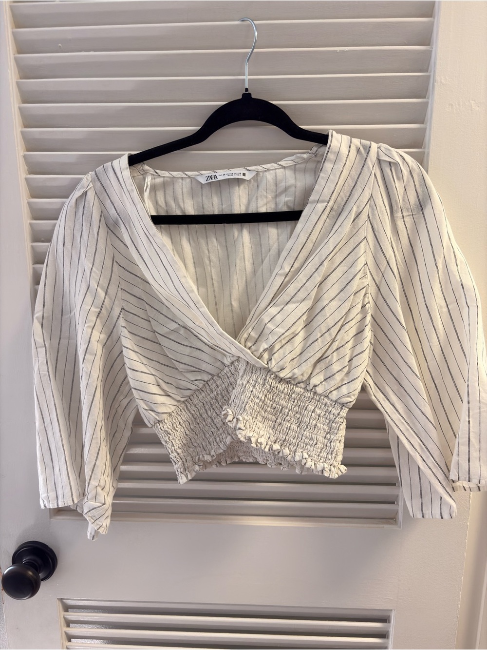 ZARA White Pinstripe Wrap Crop Top with Smocked Hem